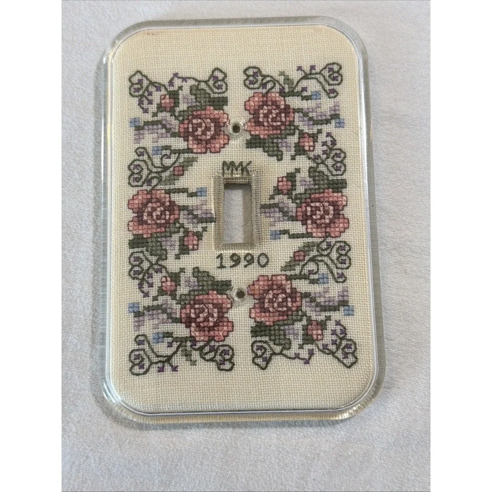 Vtg Finished Cross Stitch Single Toggle Light Switch Cover Floral Completed 1990